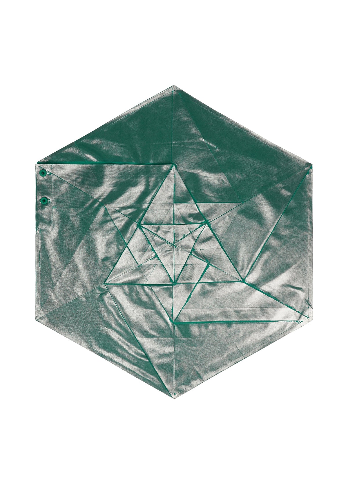 NO.17 FOIL by 132 5. ISSEY MIYAKE is a metallic green hexagonal sheet with innovative geometric folds, creating a symmetrical layered triangular pattern. The slightly reflective surface features two small holes on the left side. view 6 of 12