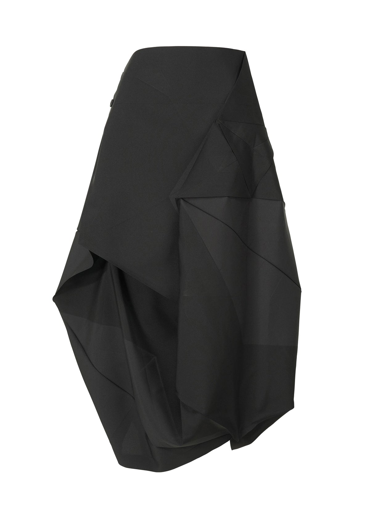 The NO.17 PRINT skirt by 132 5. ISSEY MIYAKE features a black asymmetrical folding structure with layered, draped fabric and geometric folds, creating a modern avant-garde sculptural silhouette. view 2 of 11