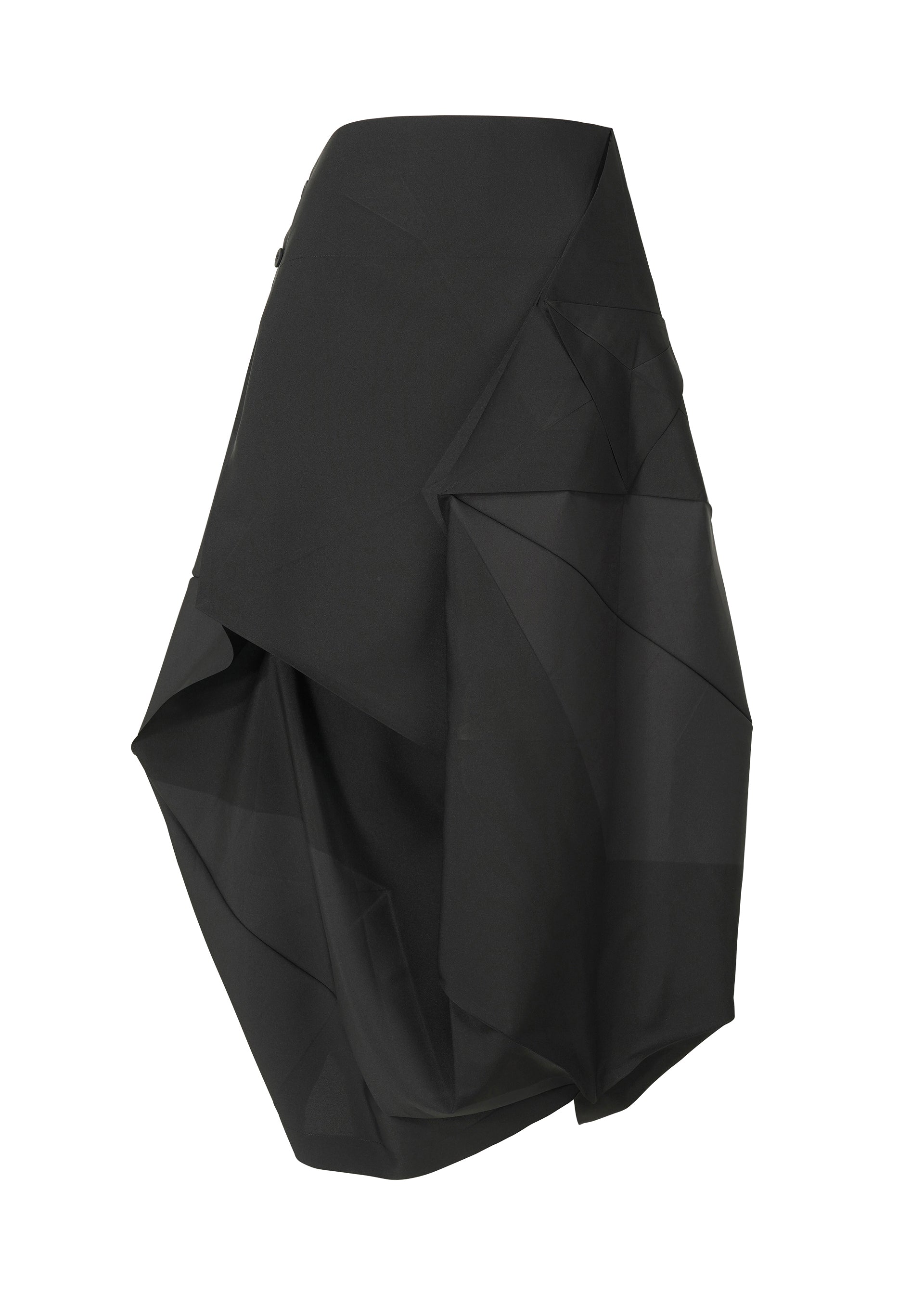 Zoomed view The NO.17 PRINT skirt by 132 5. ISSEY MIYAKE features a black asymmetrical folding structure with layered, draped fabric and geometric folds, creating a modern avant-garde sculptural silhouette. - CHARCOAL (no.14)