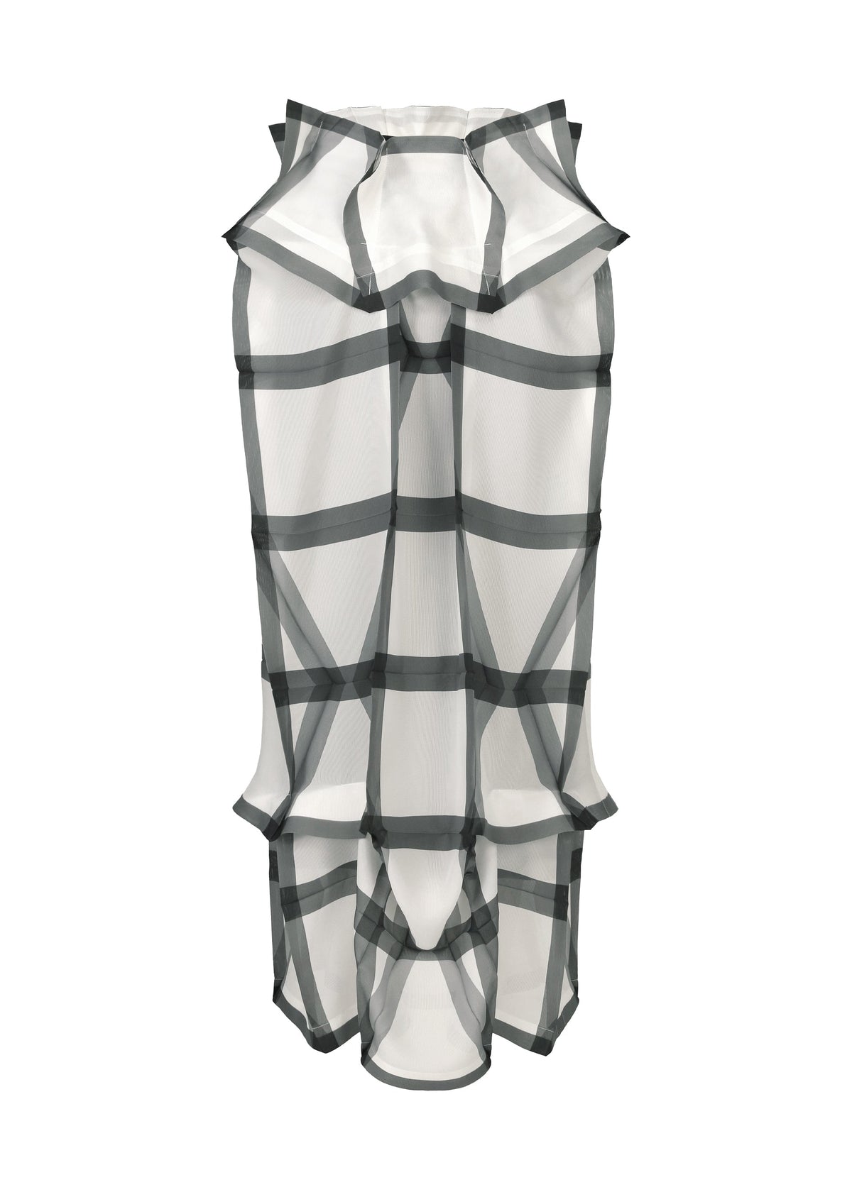 The NO.6 TRANSLUCENT dress by 132 5. ISSEY MIYAKE features a sheer white fabric with bold black grid lines, structured ruffles, a sheer skirt, and an architectural, sculptural silhouette. view 1 of 13