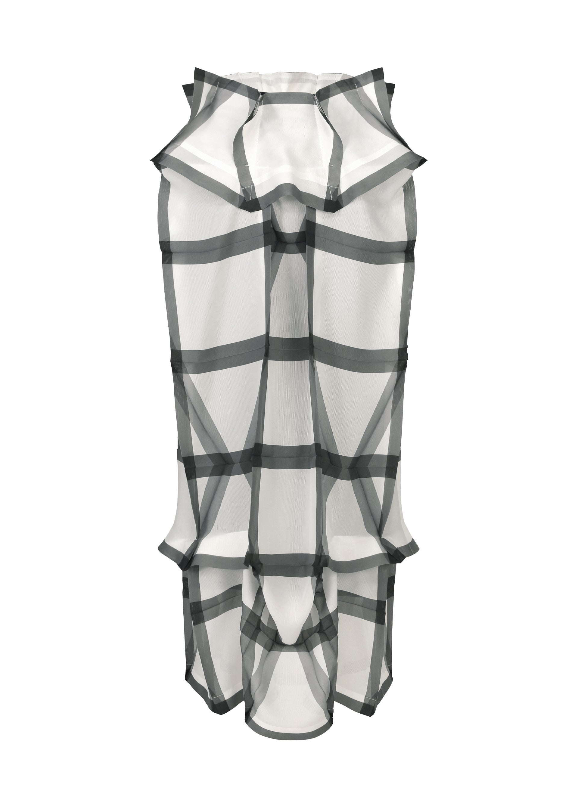 Zoomed view The NO.6 TRANSLUCENT dress by 132 5. ISSEY MIYAKE features a sheer white fabric with bold black grid lines, structured ruffles, a sheer skirt, and an architectural, sculptural silhouette. - BLACK HUED （no.10）