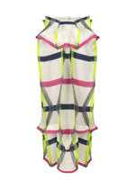 The NO.6 TRANSLUCENT skirt by 132 5. ISSEY MIYAKE features a sheer grid pattern in neon yellow, navy blue, and pink, with angular layered ruffles at the sides and hem plus a unique fold structure for dimensional style. - MULTI （no.99）