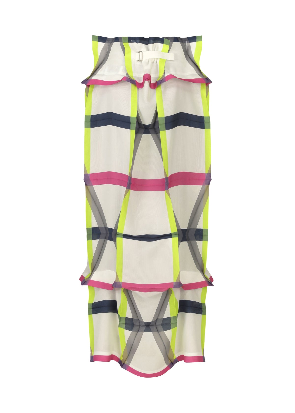 The NO.6 TRANSLUCENT by 132 5. ISSEY MIYAKE is a sheer skirt with a bold yellow, pink, and black checkered pattern, ruffled edges, fold structure, and a white waistband with buckle; petticoat included for comfort and style. view 3 of 13