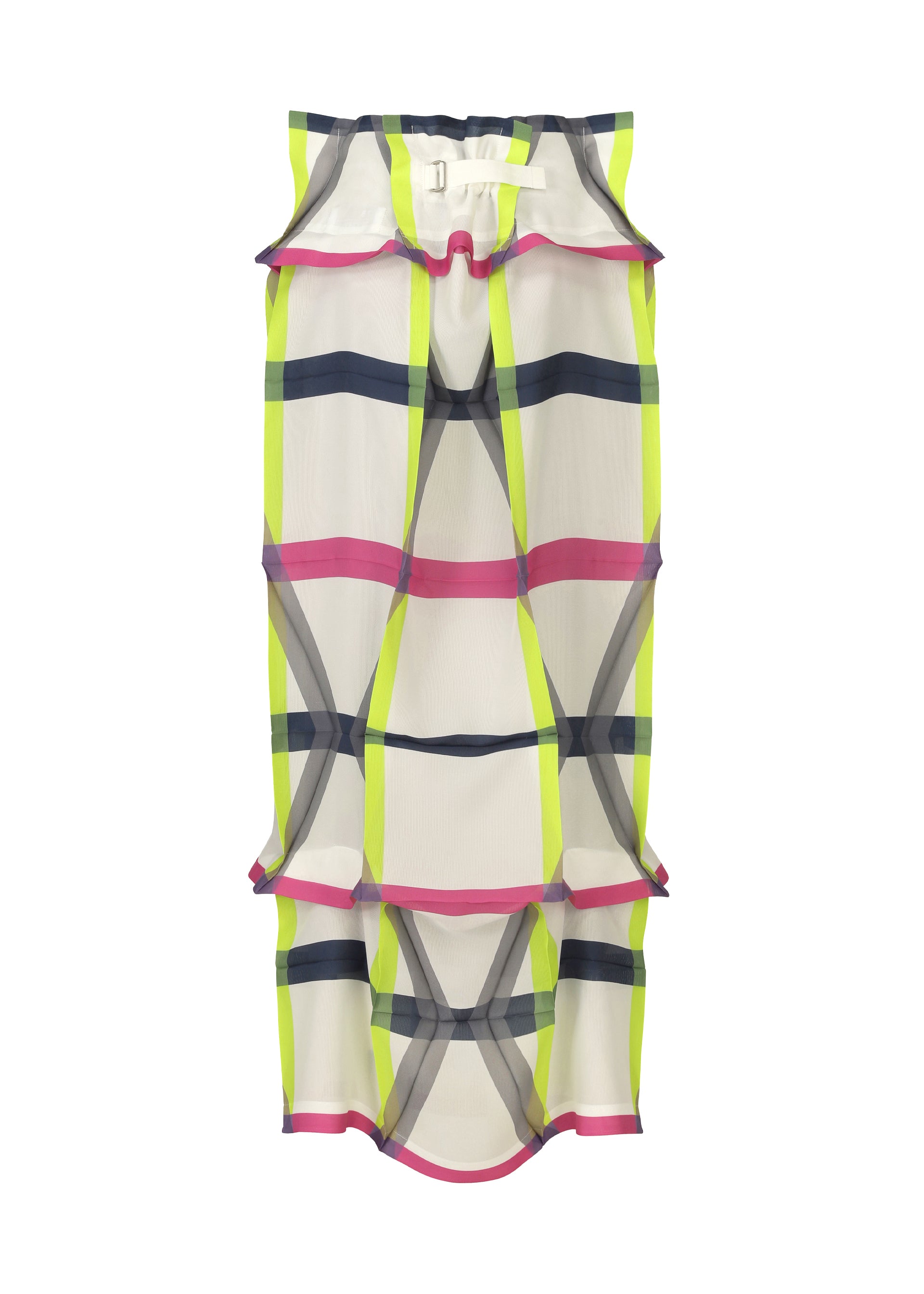 Zoomed view The NO.6 TRANSLUCENT by 132 5. ISSEY MIYAKE is a sheer skirt with a bold yellow, pink, and black checkered pattern, ruffled edges, fold structure, and a white waistband with buckle; petticoat included for comfort and style.
