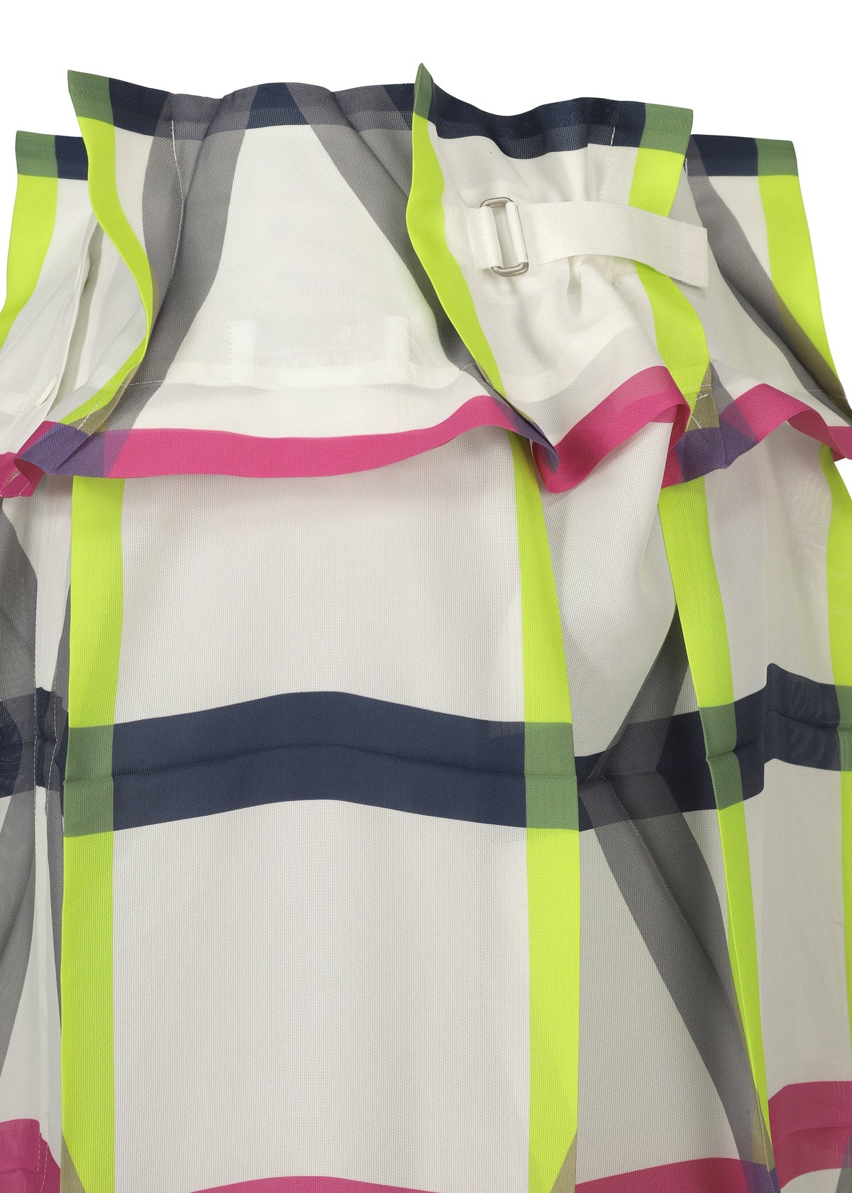 Close-up of the NO.6 TRANSLUCENT sheer skirt by 132 5. ISSEY MIYAKE, featuring a bold neon yellow, pink, white, and dark blue plaid pattern with a silver buckle detail and elegant folds near the top edge. view 5 of 13