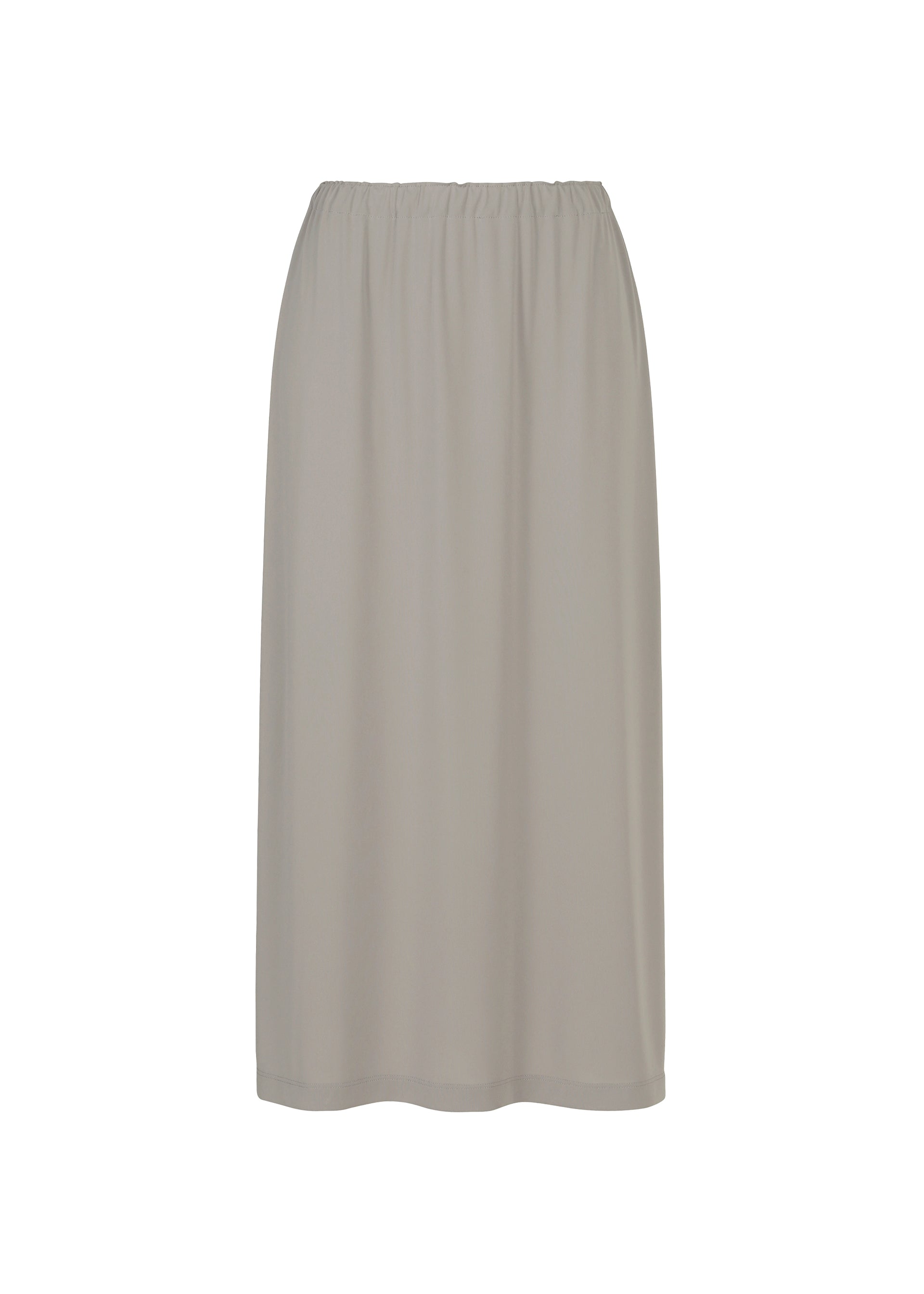 Zoomed view The NO.6 TRANSLUCENT by 132 5. ISSEY MIYAKE is a light beige, knee-length sheer skirt featuring an elastic waistband and subtle folds, shown against a white background.