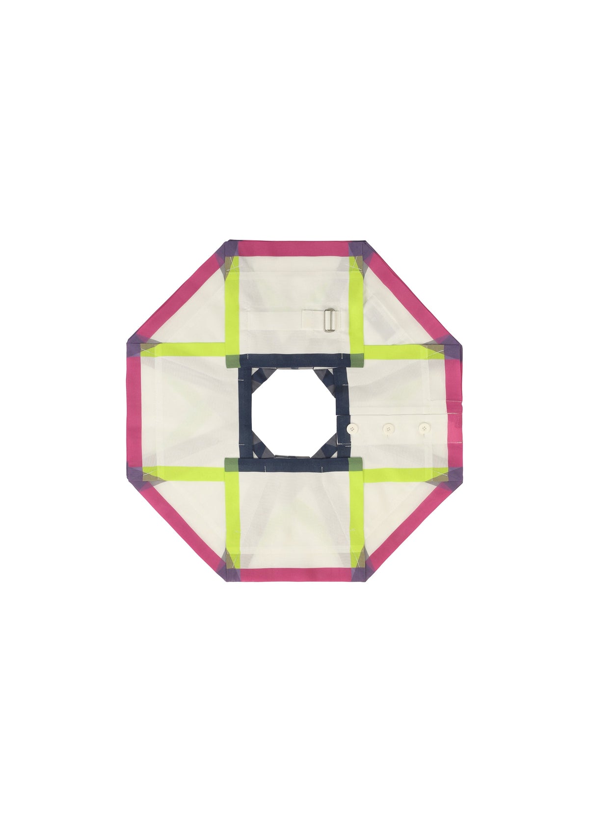 The NO.6 TRANSLUCENT by 132 5. ISSEY MIYAKE is a flat, octagonal mesh panel with a pink outline, green and gray intersecting straps, and a central square opening, featuring fold structure design on a white background. view 8 of 13