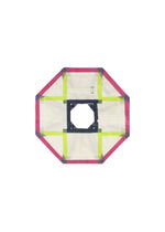 The NO.6 TRANSLUCENT by 132 5. ISSEY MIYAKE is a flat, octagonal mesh panel with a pink outline, green and gray intersecting straps, and a central square opening, featuring fold structure design on a white background.