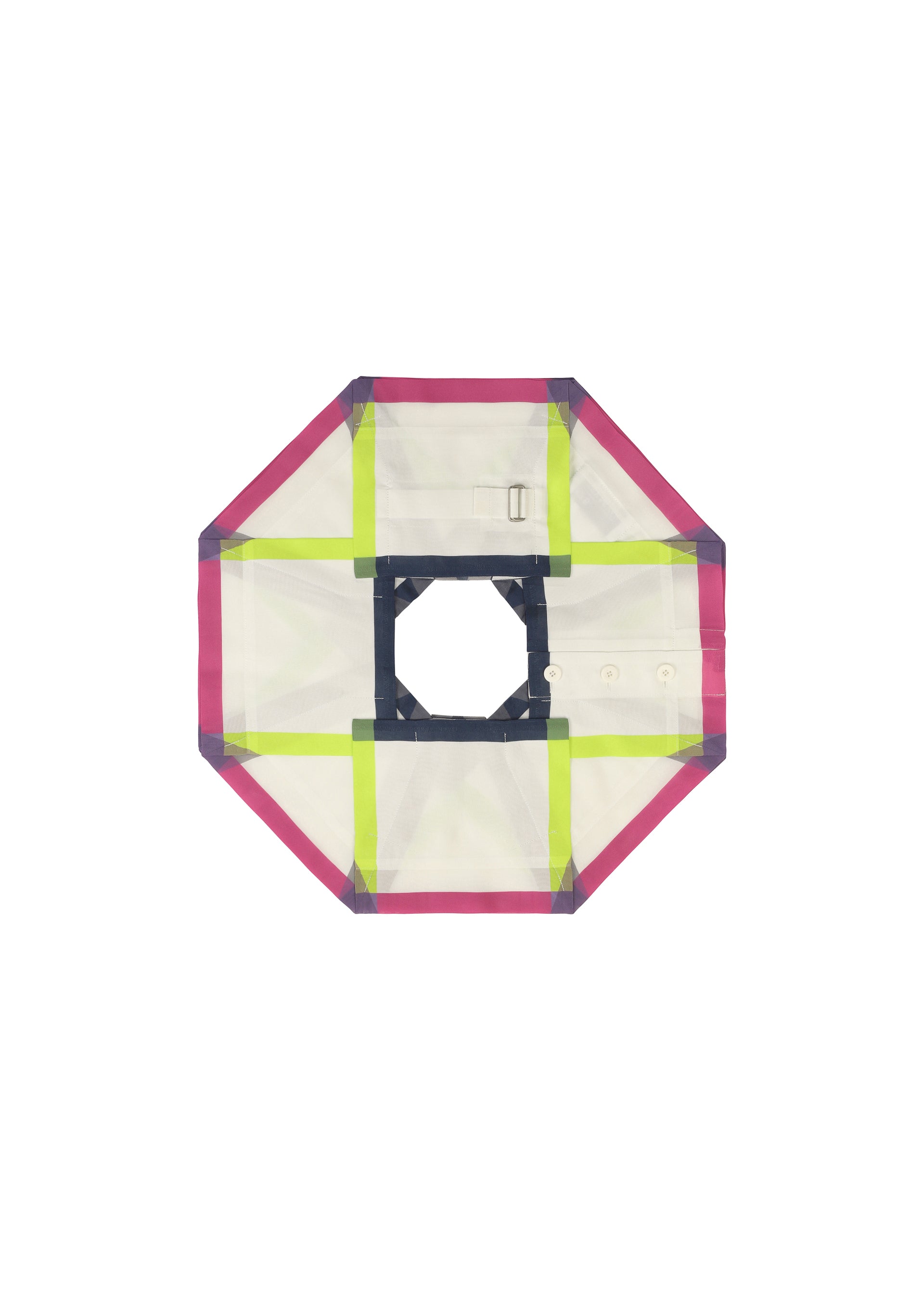 Zoomed view The NO.6 TRANSLUCENT by 132 5. ISSEY MIYAKE is a flat, octagonal mesh panel with a pink outline, green and gray intersecting straps, and a central square opening, featuring fold structure design on a white background.