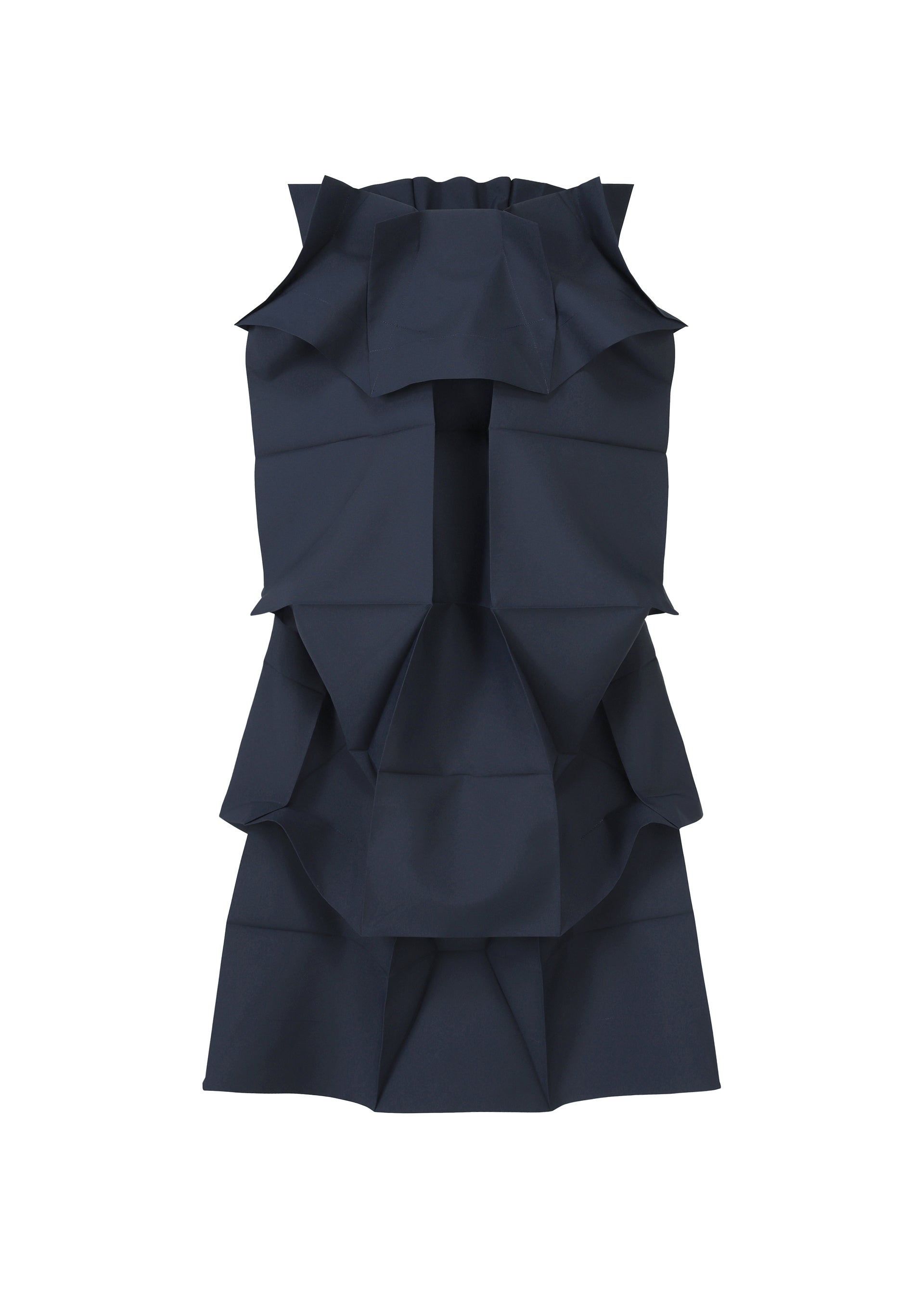 Zoomed view NO.6 SOLID by 132 5. ISSEY MIYAKE is a sleeveless dark navy dress featuring structured, geometric ruffles and folds, layered for a bold, sculptural look with a high neckline and modern architectural style. - NAVY （no.75）
