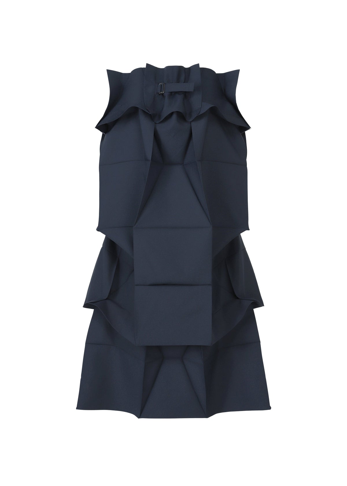 The NO.6 SOLID dress by 132 5. ISSEY MIYAKE is sleeveless and dark navy, featuring a high neckline, angular folds, layered panels, small buckle detail, and a sculptural skirt for a structured, geometric silhouette. view 2 of 11