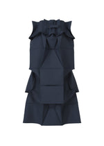 The NO.6 SOLID dress by 132 5. ISSEY MIYAKE is sleeveless and dark navy, featuring a high neckline, angular folds, layered panels, small buckle detail, and a sculptural skirt for a structured, geometric silhouette.