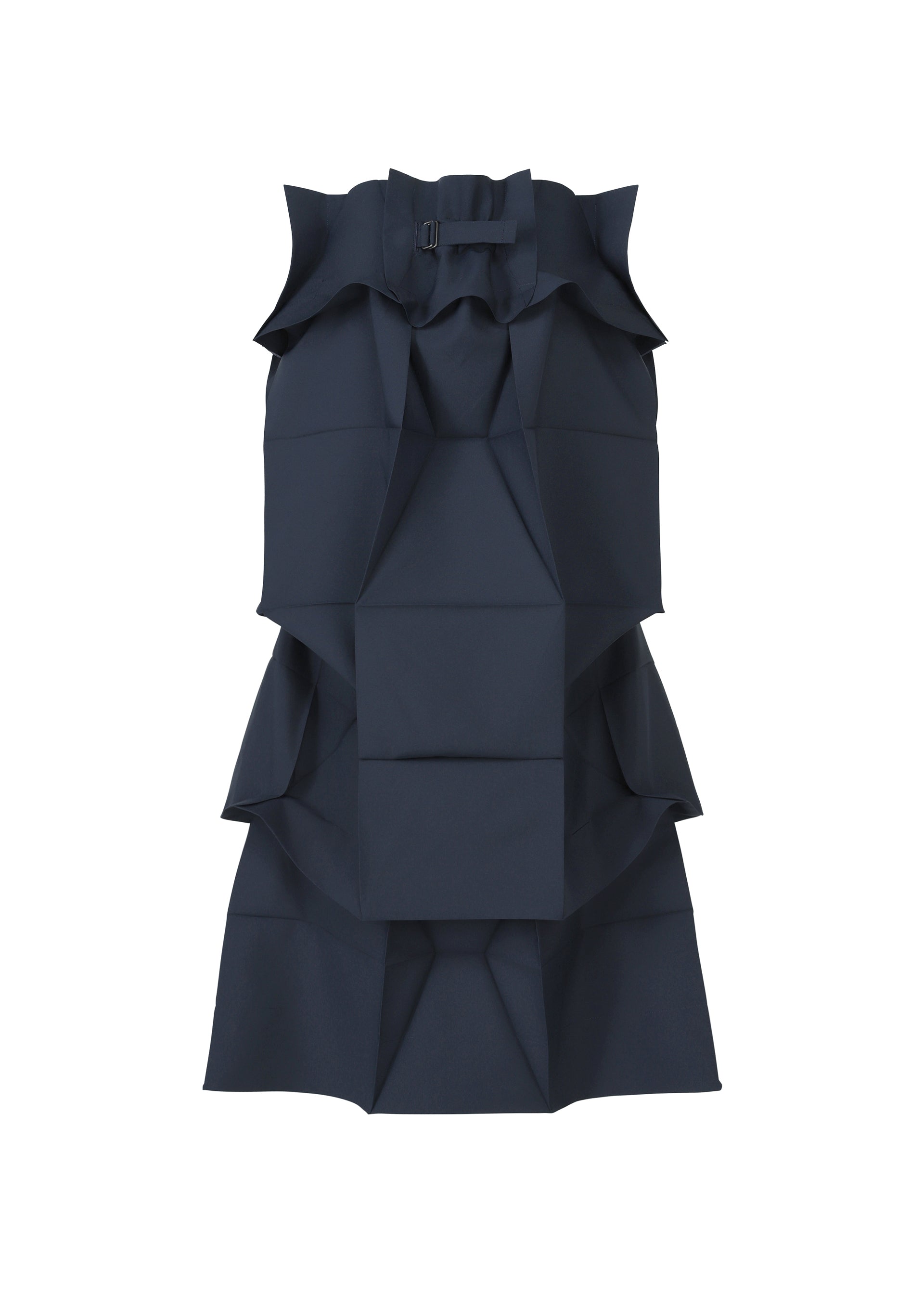 Zoomed view The NO.6 SOLID dress by 132 5. ISSEY MIYAKE is sleeveless and dark navy, featuring a high neckline, angular folds, layered panels, small buckle detail, and a sculptural skirt for a structured, geometric silhouette.