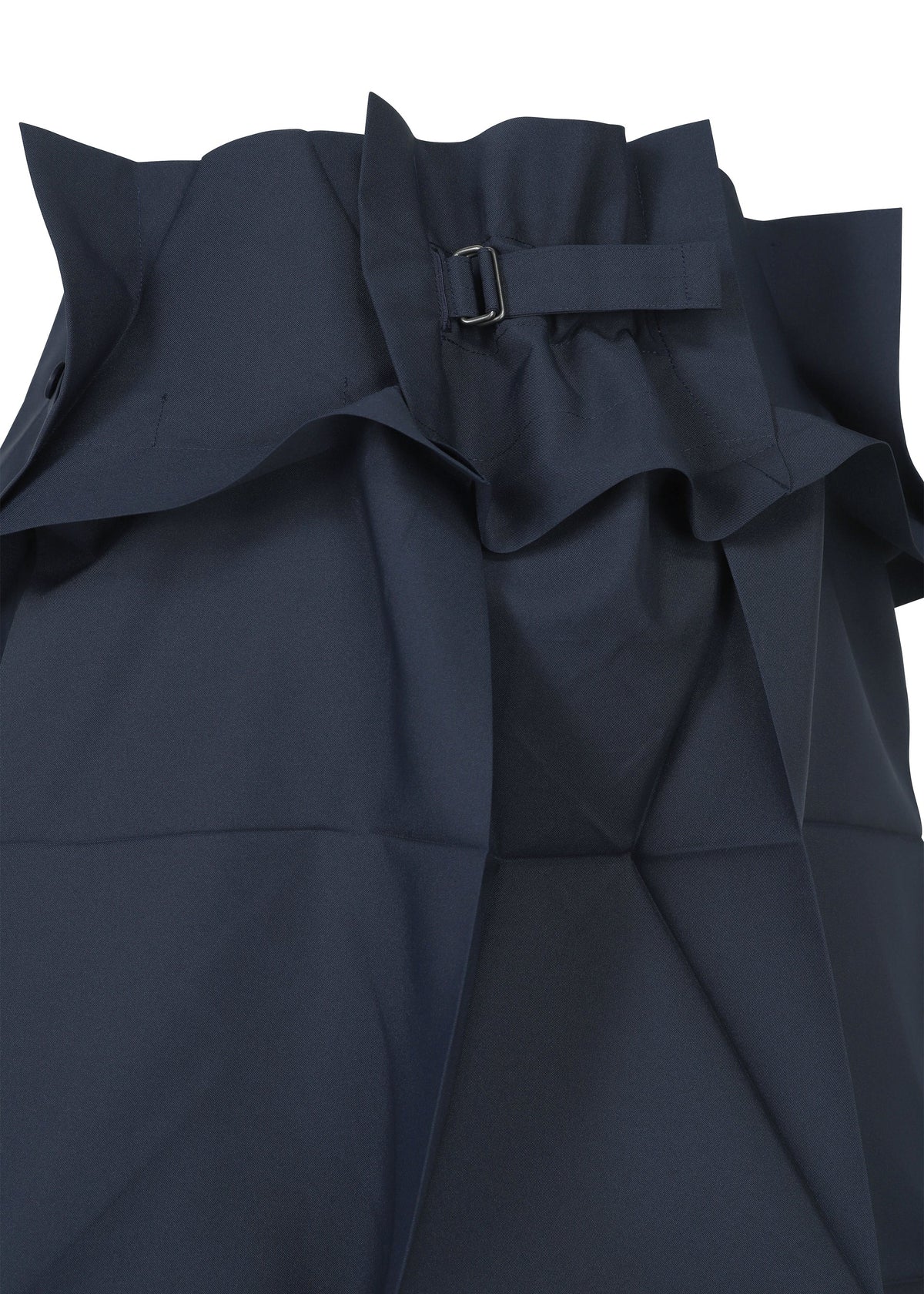 Navy blue NO.6 SOLID skirt by 132 5. ISSEY MIYAKE features ruffled edges, a small black buckle, gathered high waist, and structured fabric with visible folds for a three-dimensional look. view 4 of 11