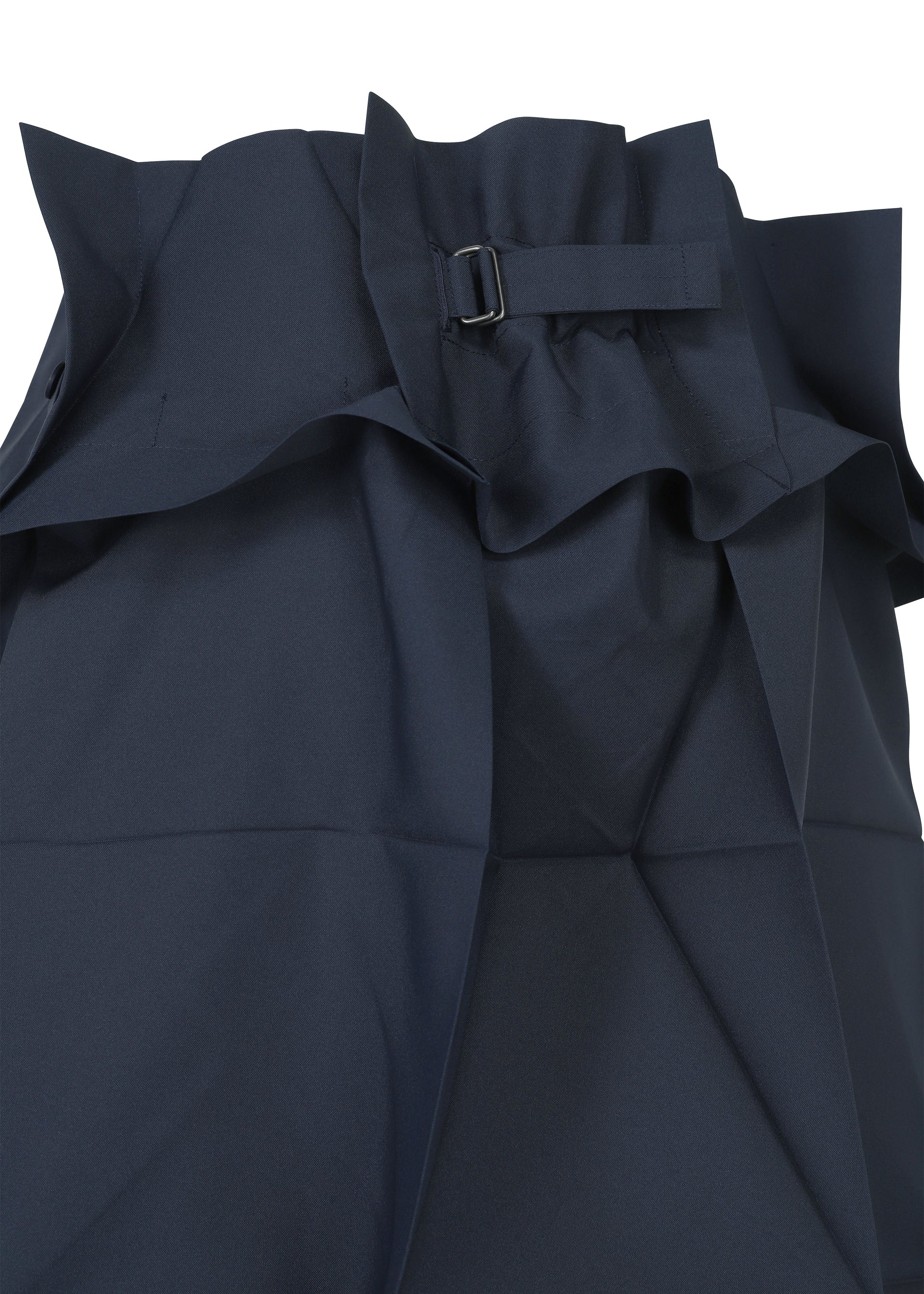 Zoomed view Navy blue NO.6 SOLID skirt by 132 5. ISSEY MIYAKE features ruffled edges, a small black buckle, gathered high waist, and structured fabric with visible folds for a three-dimensional look.
