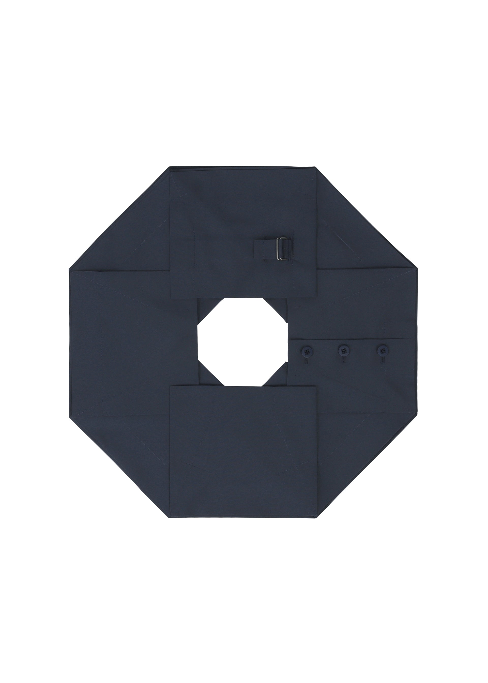 Zoomed view A dark navy blue NO.6 SOLID by 132 5. ISSEY MIYAKE is arranged octagonally with a hollow center, small buckle, three buttons, and visible seams on white, emphasizing its unique three-dimensional structure.