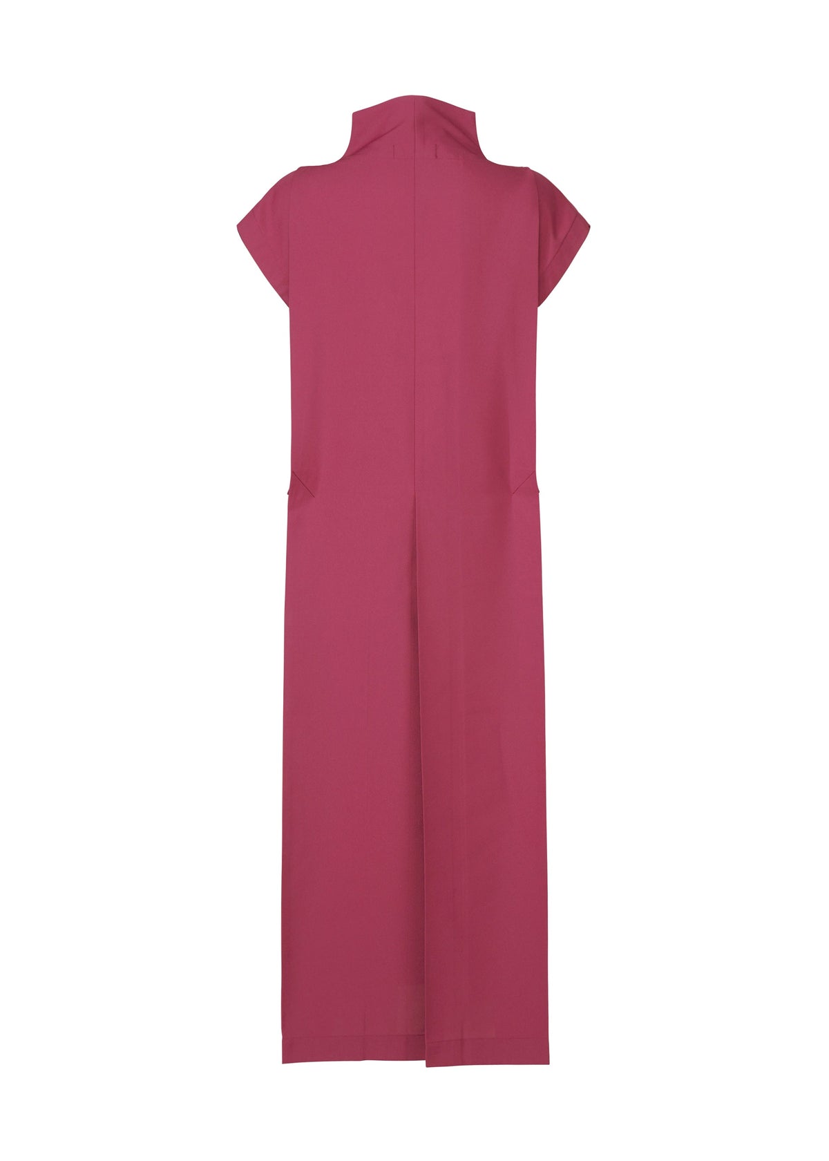 A long, sleeveless magenta 132 5. FLAT 1 dress by 132 5. ISSEY MIYAKE, featuring a high collar and straight cut to highlight its structure, shown from the back against a white background. view 2 of 10