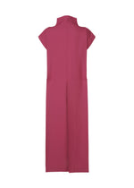 A long, sleeveless magenta 132 5. FLAT 1 dress by 132 5. ISSEY MIYAKE, featuring a high collar and straight cut to highlight its structure, shown from the back against a white background.