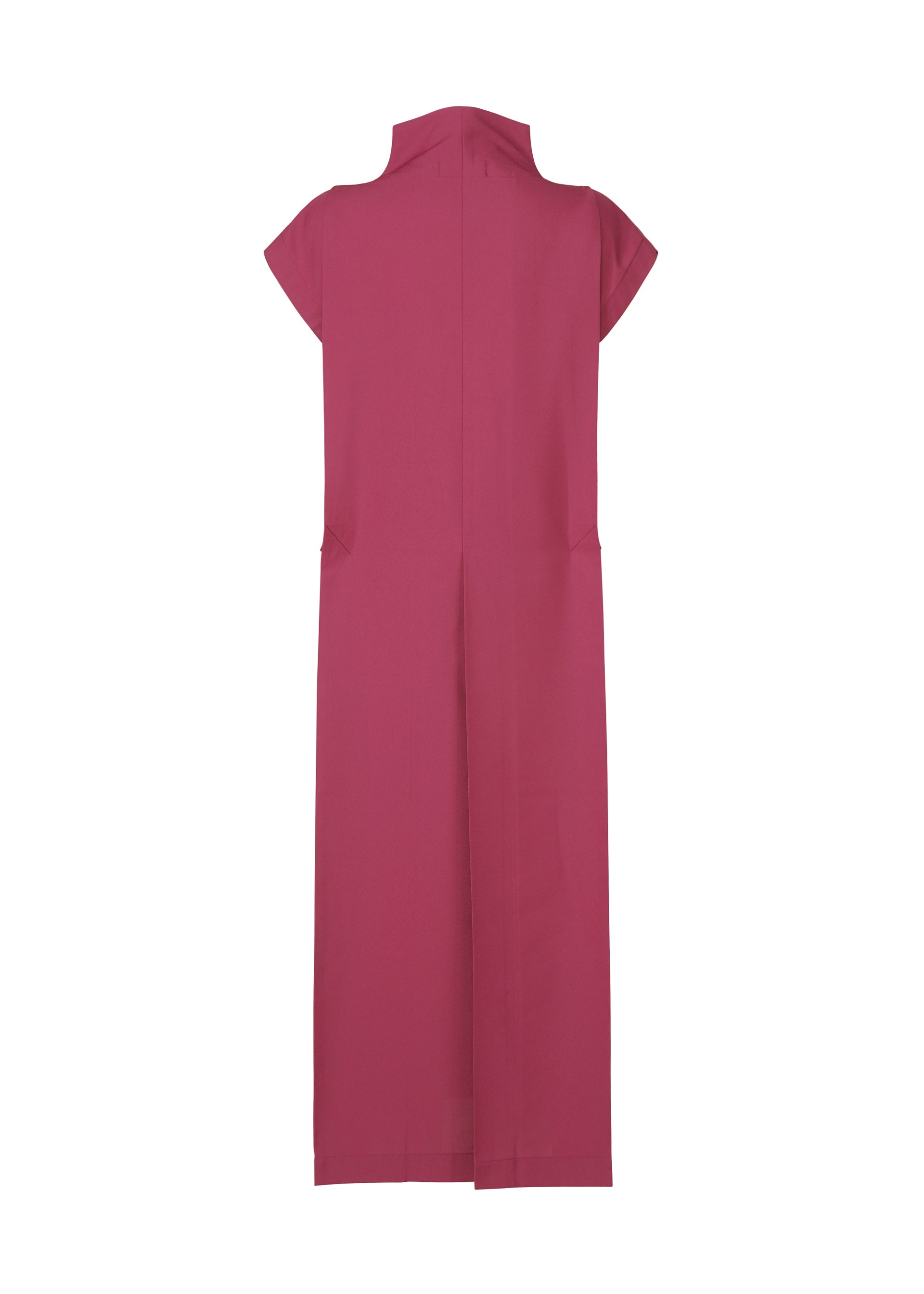 Zoomed view A long, sleeveless magenta 132 5. FLAT 1 dress by 132 5. ISSEY MIYAKE, featuring a high collar and straight cut to highlight its structure, shown from the back against a white background.