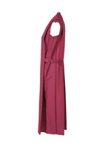 The 132 5. ISSEY MIYAKE "132 5. FLAT 1" sleeveless magenta trench coat dress features a belted waist, long hem, and structured collar, expertly crafted and displayed in profile against a plain white background.