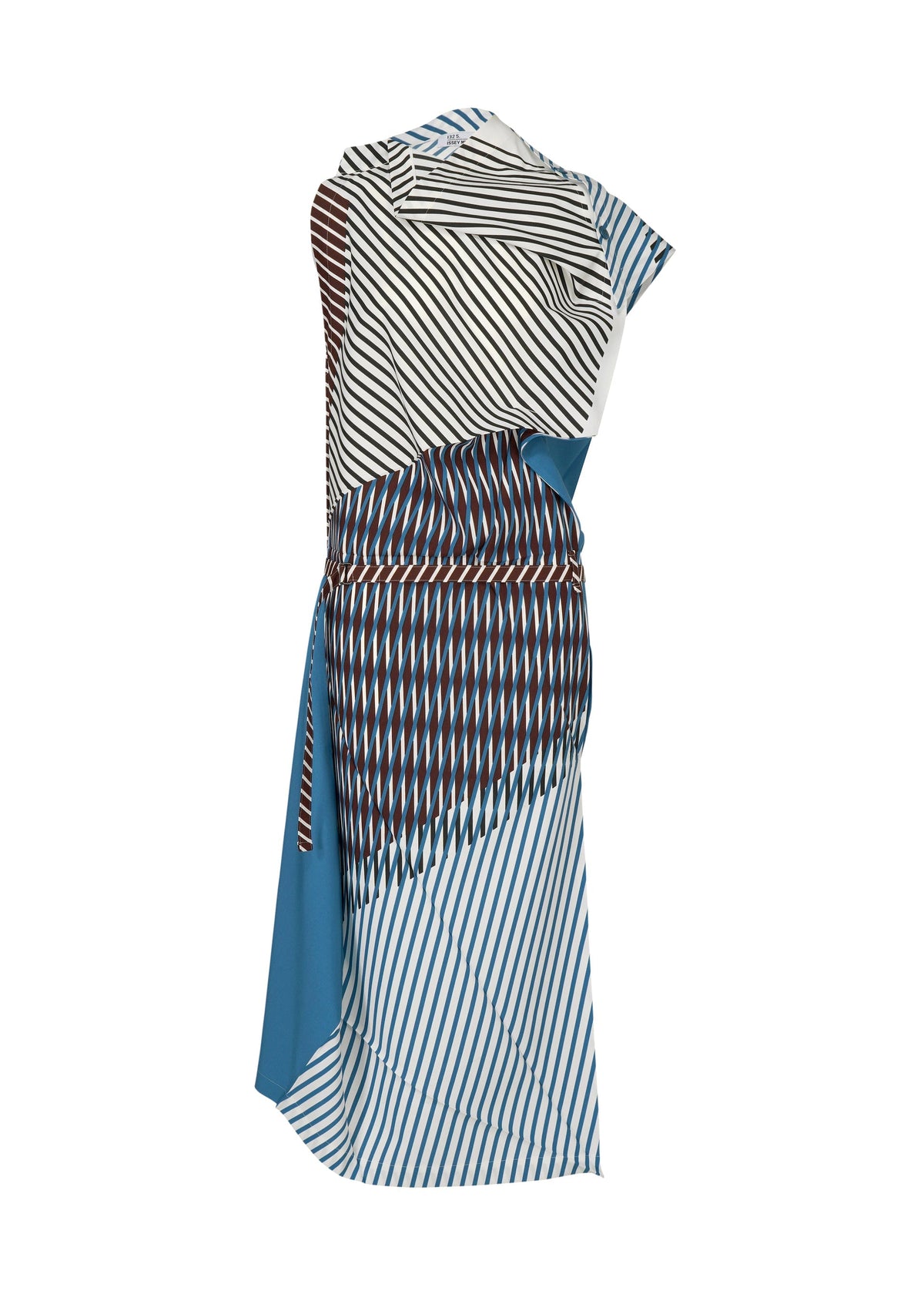 FACET by 132 5. ISSEY MIYAKE is a sleeveless, asymmetrical dress with diagonal stripes in black, white, blue, and brown, layered geometric patterns, and a draped silhouette for a modern look. view 1 of 11