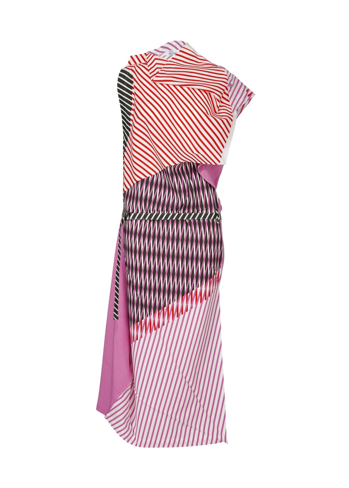 The FACET dress by 132 5. ISSEY MIYAKE is sleeveless with an asymmetrical hem, featuring pink, red, black, and white diagonal and striped patterns. Clever visual effects add depth to its loosely draped, modern design. view 2 of 11