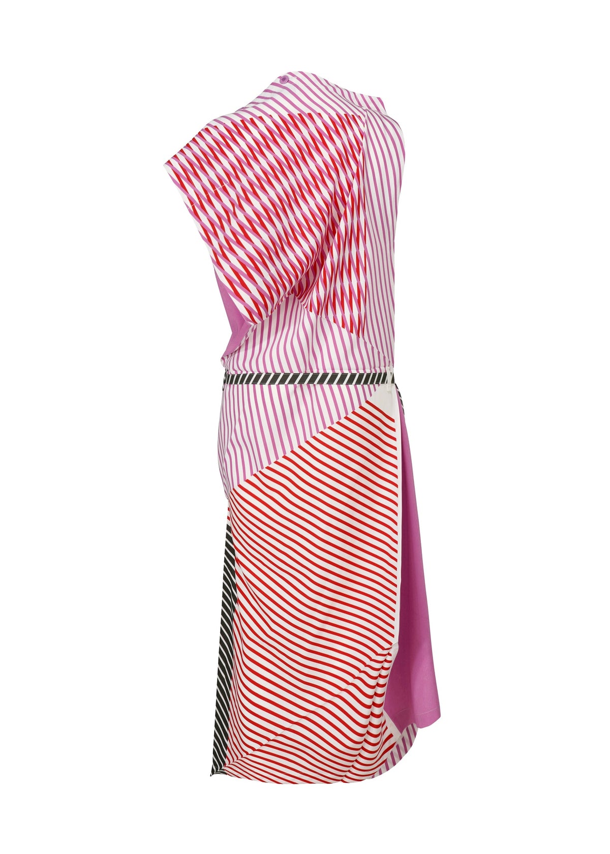 The FACET dress by 132 5. ISSEY MIYAKE is knee-length with asymmetrical sleeves, a belted waist, and features bold diagonal stripes in red, pink, black, and white with dynamic Nassen geometric prints. view 3 of 11