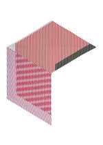 FACET by 132 5. ISSEY MIYAKE features a geometric, corner-like shape with red vertical stripes on top, pink diagonal stripes on the left, and black vertical stripes along the right, creating a vivid three-dimensional visual effect.
