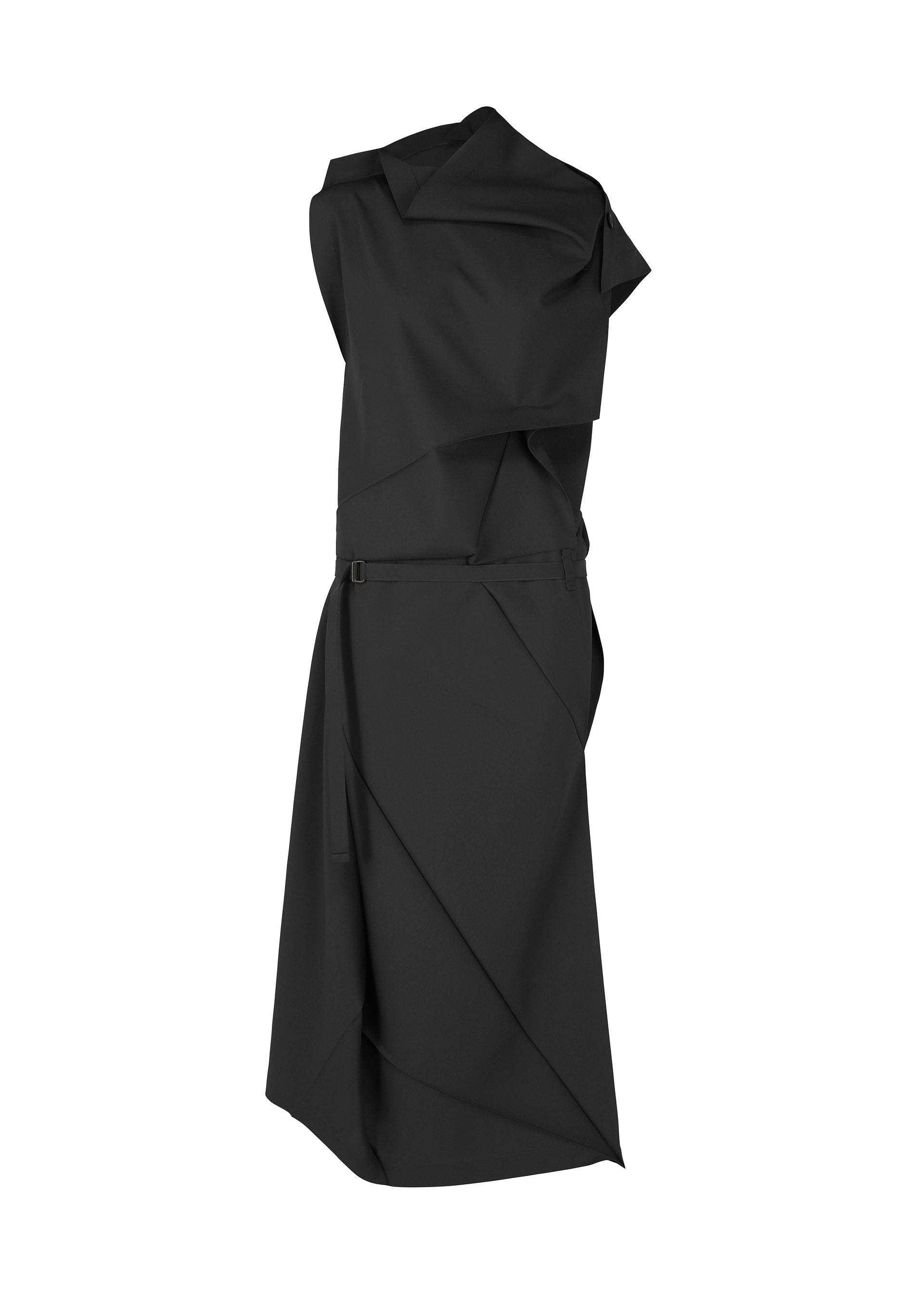 Zoomed view The FACET SOLID dress by 132 5. ISSEY MIYAKE is a sleeveless, asymmetrical black piece with draped plant-derived polyester, a belted waist, and an angular modern silhouette, shown against a plain white background. - BLACK （no.15）