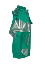The NO.17 FOIL dress by 132 5. ISSEY MIYAKE is a sleeveless, asymmetrical green piece with angular folds and silver metallic accents, creating a modern, sculptural silhouette for a bold statement look. - GREEN×SILVER （no.69）
