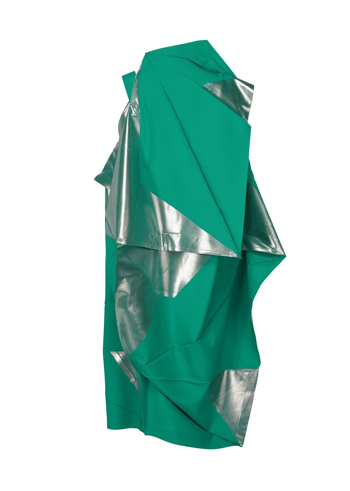NO.17 FOIL by 132 5. ISSEY MIYAKE: a sculptural, abstract dress in vibrant green with innovative folds and silver foil-transfer print panels, creating a geometric, three-dimensional silhouette against white. view 3 of 13
