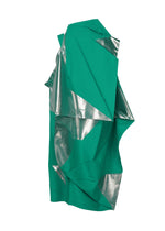 NO.17 FOIL by 132 5. ISSEY MIYAKE: a sculptural, abstract dress in vibrant green with innovative folds and silver foil-transfer print panels, creating a geometric, three-dimensional silhouette against white.