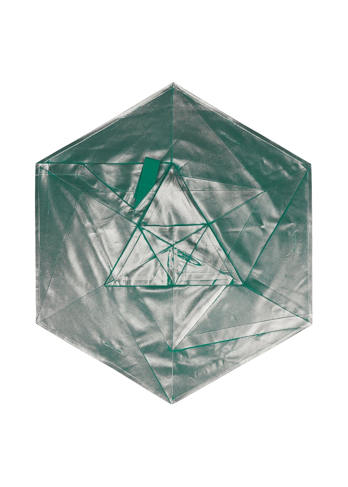 NO.17 FOIL by 132 5. ISSEY MIYAKE features overlapping transparent green polygons creating a central triangle within a hexagon on white. This abstract, geometric design evokes a 3D silhouette with perfect symmetry. view 6 of 13