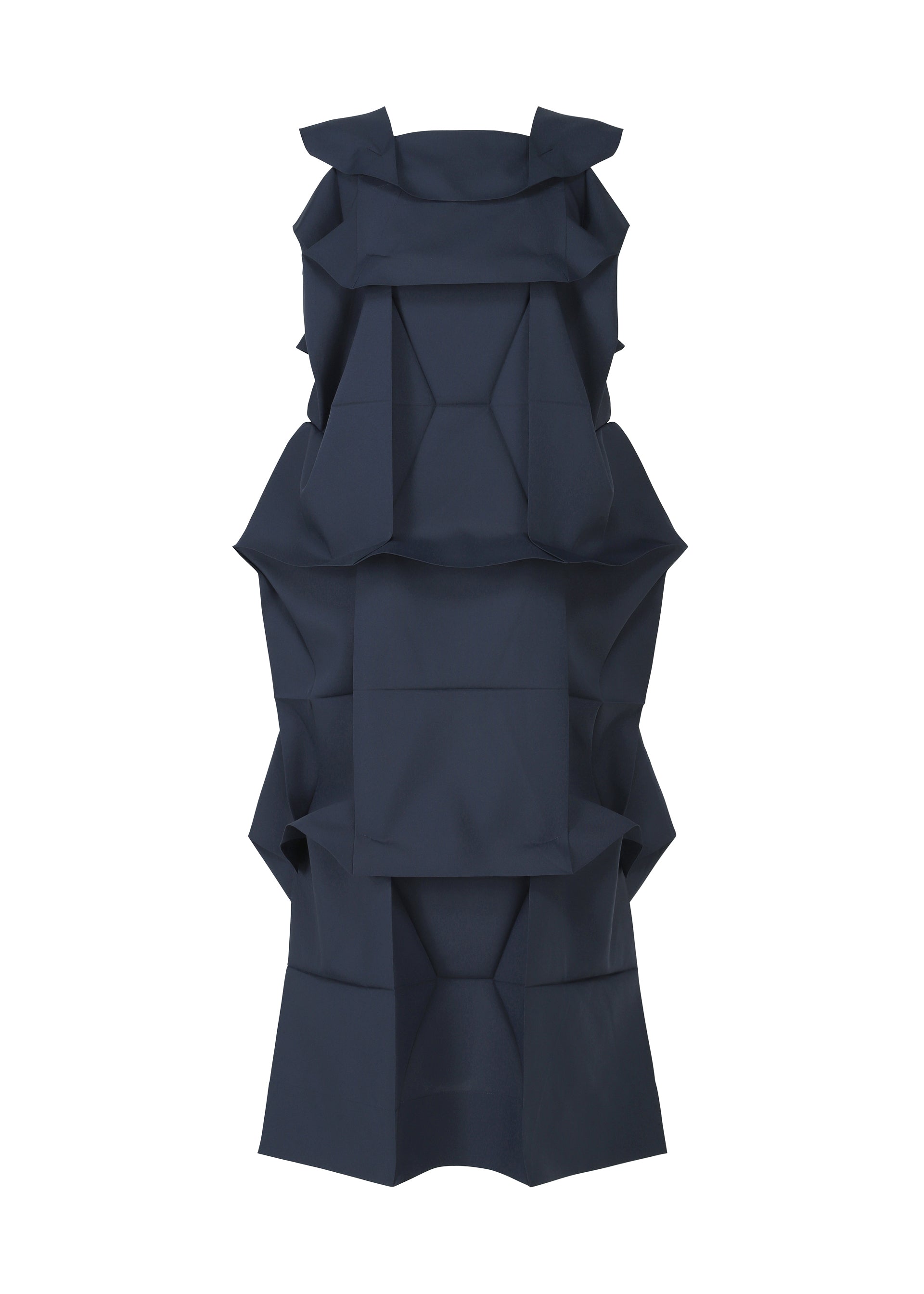 Zoomed view The NO.6 SOLID dress by 132 5. ISSEY MIYAKE is a navy blue, sleeveless piece with a geometric origami-inspired design and layered, three-dimensional folds along the front for bold visual depth. - NAVY （no.75）