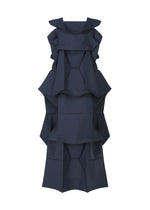 The NO.6 SOLID by 132 5. ISSEY MIYAKE is a sleeveless navy dress with a geometric, layered design, featuring structured angular ruffles and a bold three-dimensional, sculptural effect.