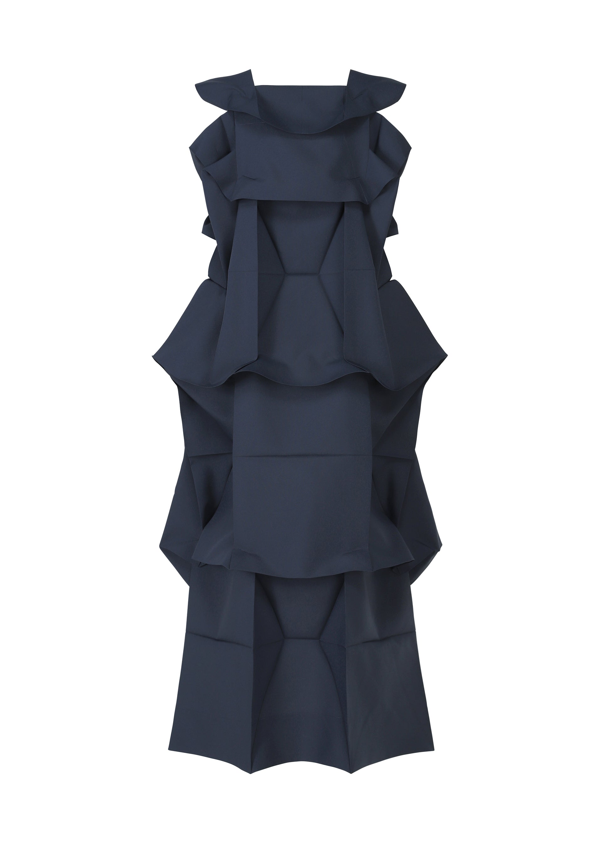 Zoomed view The NO.6 SOLID by 132 5. ISSEY MIYAKE is a sleeveless navy dress with a geometric, layered design, featuring structured angular ruffles and a bold three-dimensional, sculptural effect.
