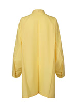 Back view of the FOLD SHIRT by 132 5. ISSEY MIYAKE—a long-sleeve, loose-fit, light yellow blouse with raglan sleeves, buttoned cuffs, high collar, and plain design. Made from lightweight fabric for effortless comfort.