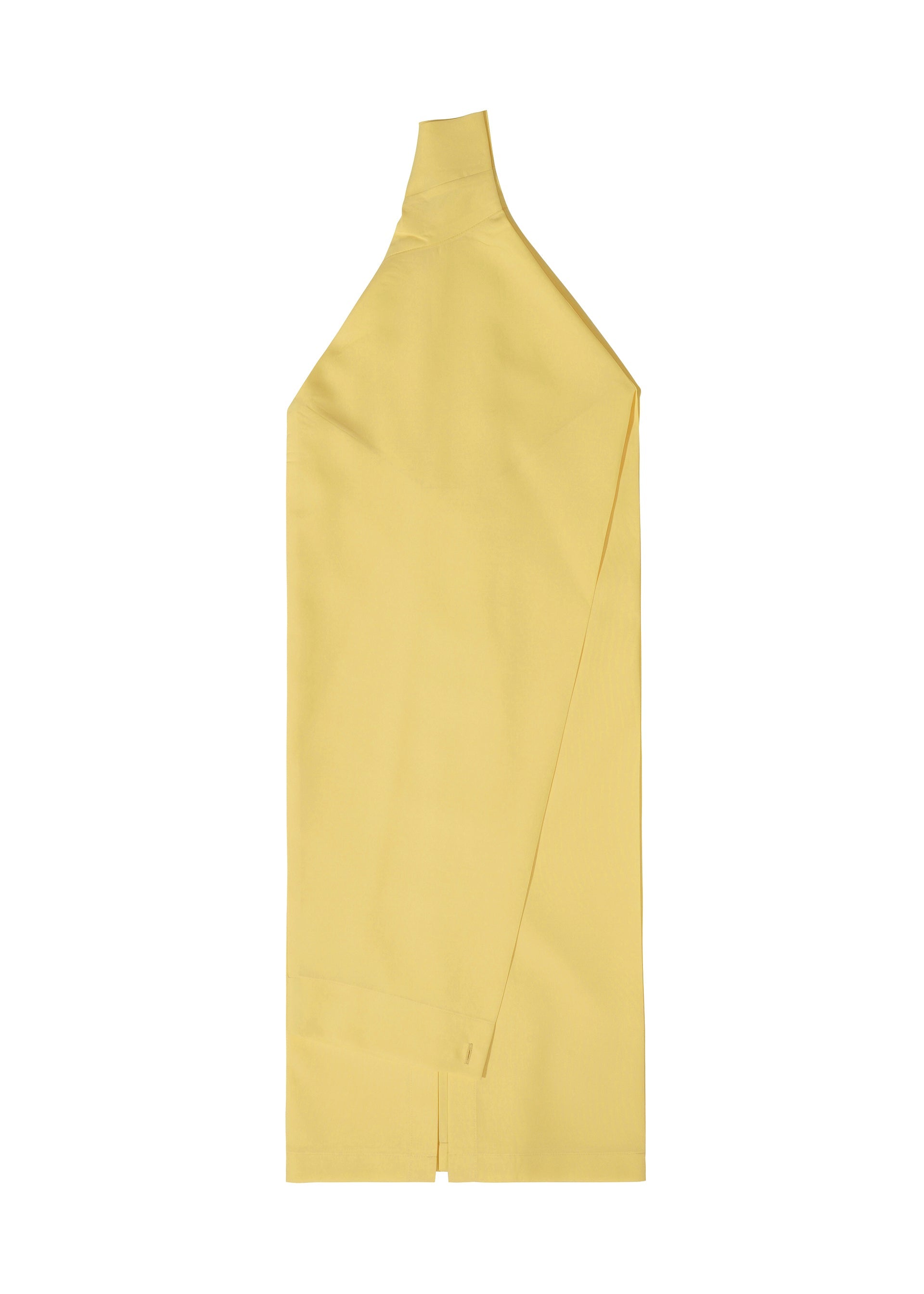 Zoomed view The FOLD SHIRT by 132 5. ISSEY MIYAKE is a sleeveless yellow halter top with an asymmetrical neckline and distinctive folding design, displayed flat on a white background.