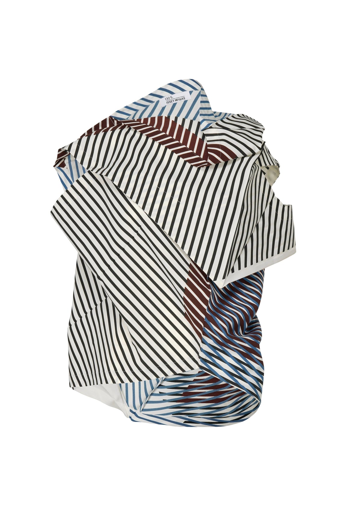 FACET by 132 5. ISSEY MIYAKE features a crumpled sheet design with black, blue, and maroon diagonal and horizontal stripes on white, creating a striking three-dimensional visual effect against a plain background. view 1 of 9