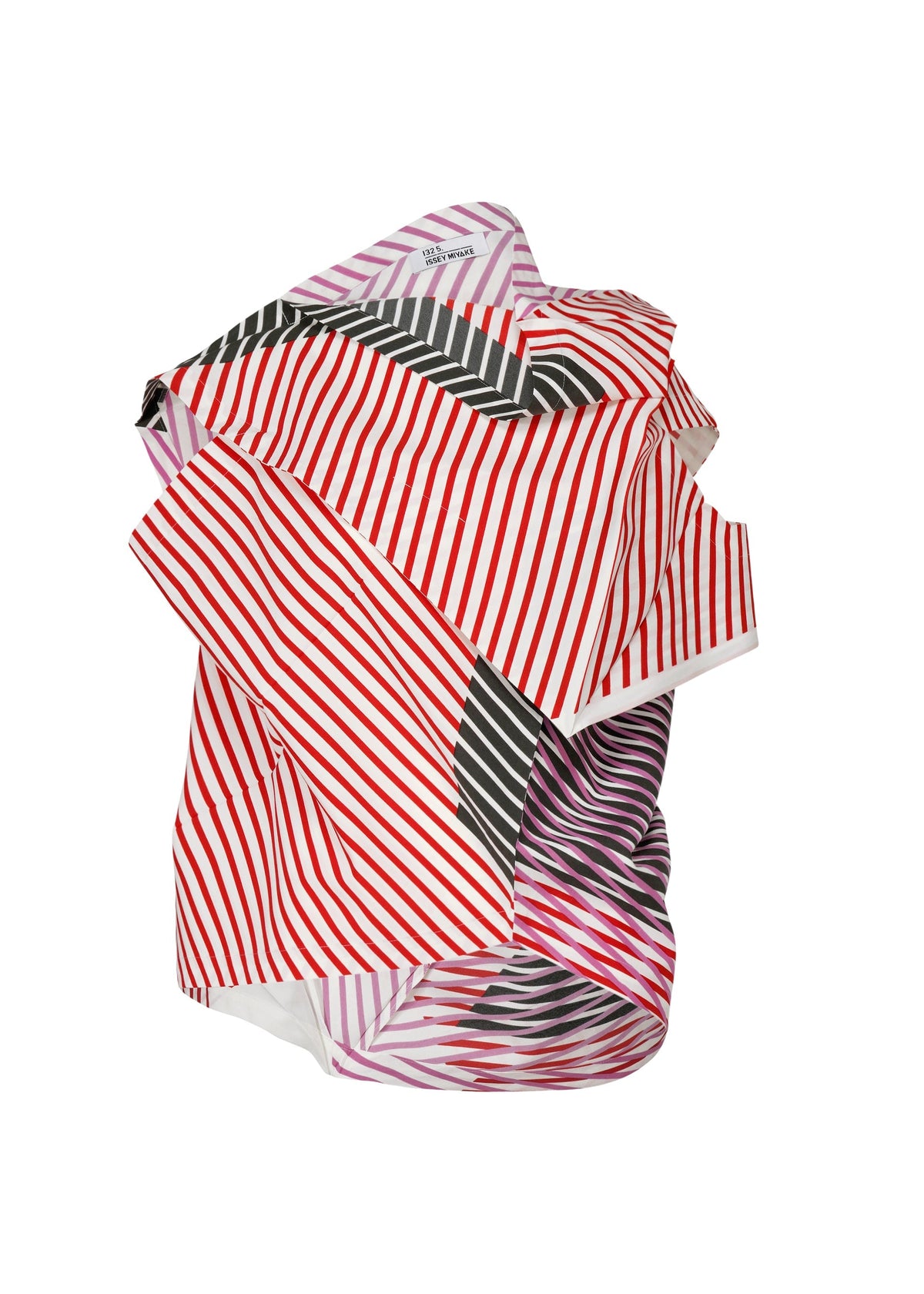FACET by 132 5. ISSEY MIYAKE features folded and layered fabric with diagonal red, black, and purple stripes, creating a sculptural, three-dimensional effect on a white background. view 2 of 9
