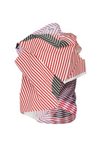 FACET by 132 5. ISSEY MIYAKE features folded and layered fabric with diagonal red, black, and purple stripes, creating a sculptural, three-dimensional effect on a white background. - RED (no.24)