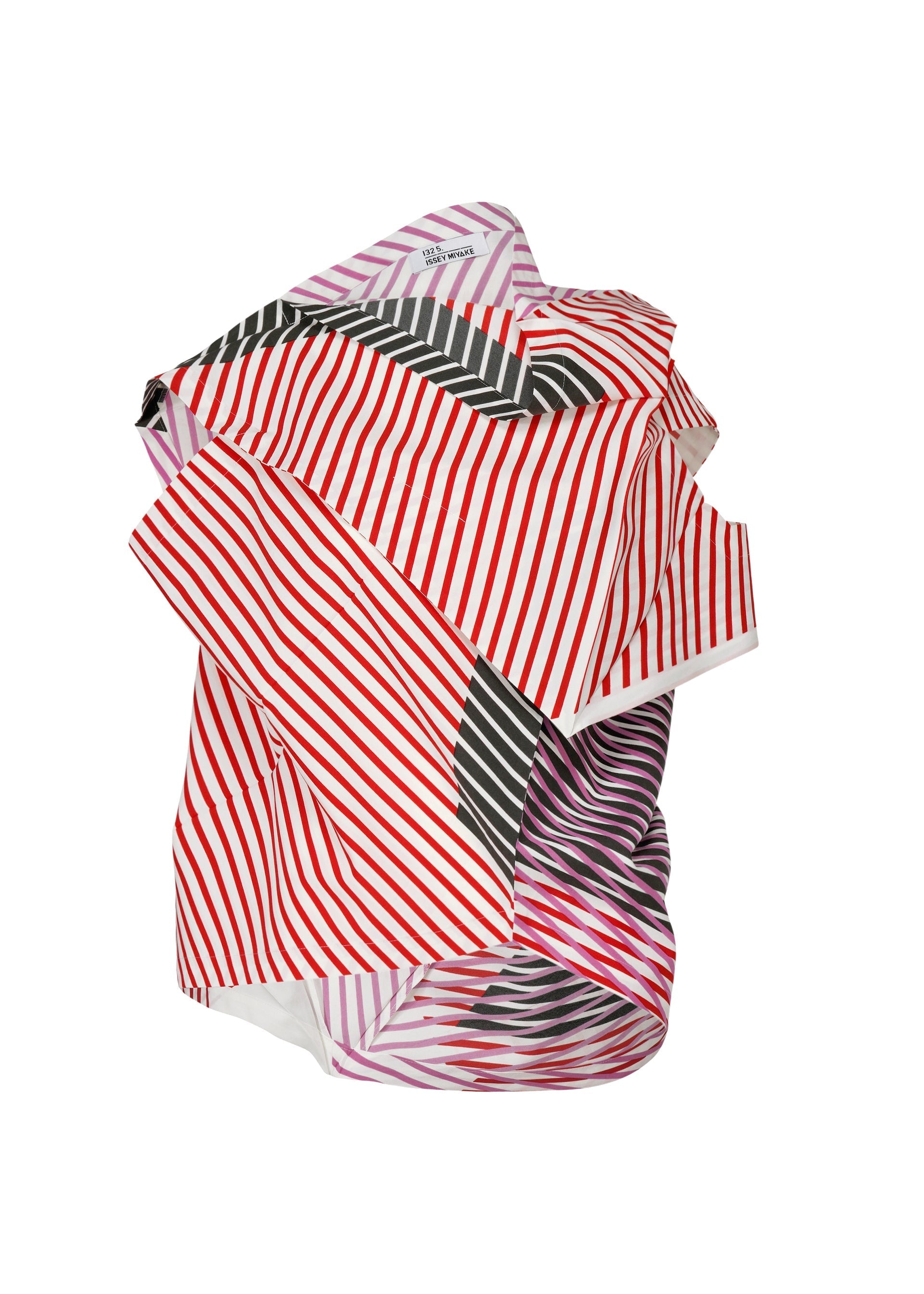 Zoomed view FACET by 132 5. ISSEY MIYAKE features folded and layered fabric with diagonal red, black, and purple stripes, creating a sculptural, three-dimensional effect on a white background. - RED (no.24)