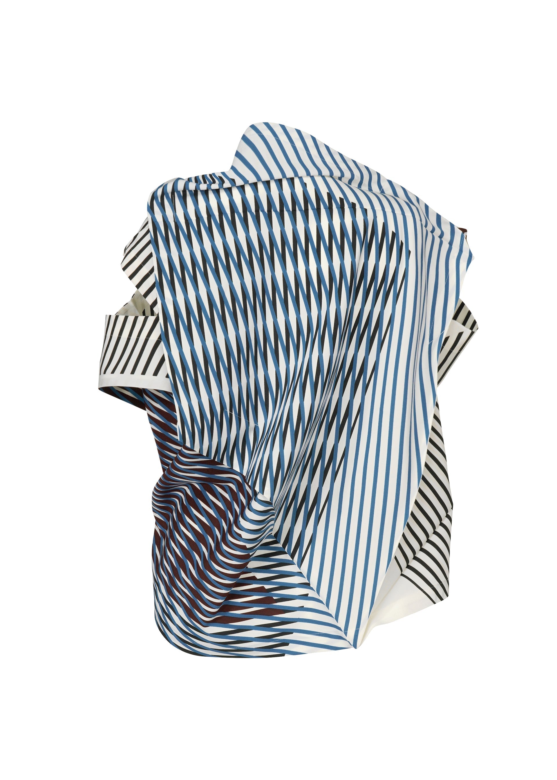 Zoomed view FACET by 132 5. ISSEY MIYAKE features a crumpled, sculptural form with wavy blue, black, and maroon lines on white, creating an optical illusion and showcasing an abstract geometric design inspired by Nassen print.