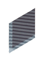 FACET by 132 5. ISSEY MIYAKE features a white background with a parallelogram shape filled with diagonal dark brown and light blue lines, forming a bold, repetitive pattern inspired by classic Nassen prints.