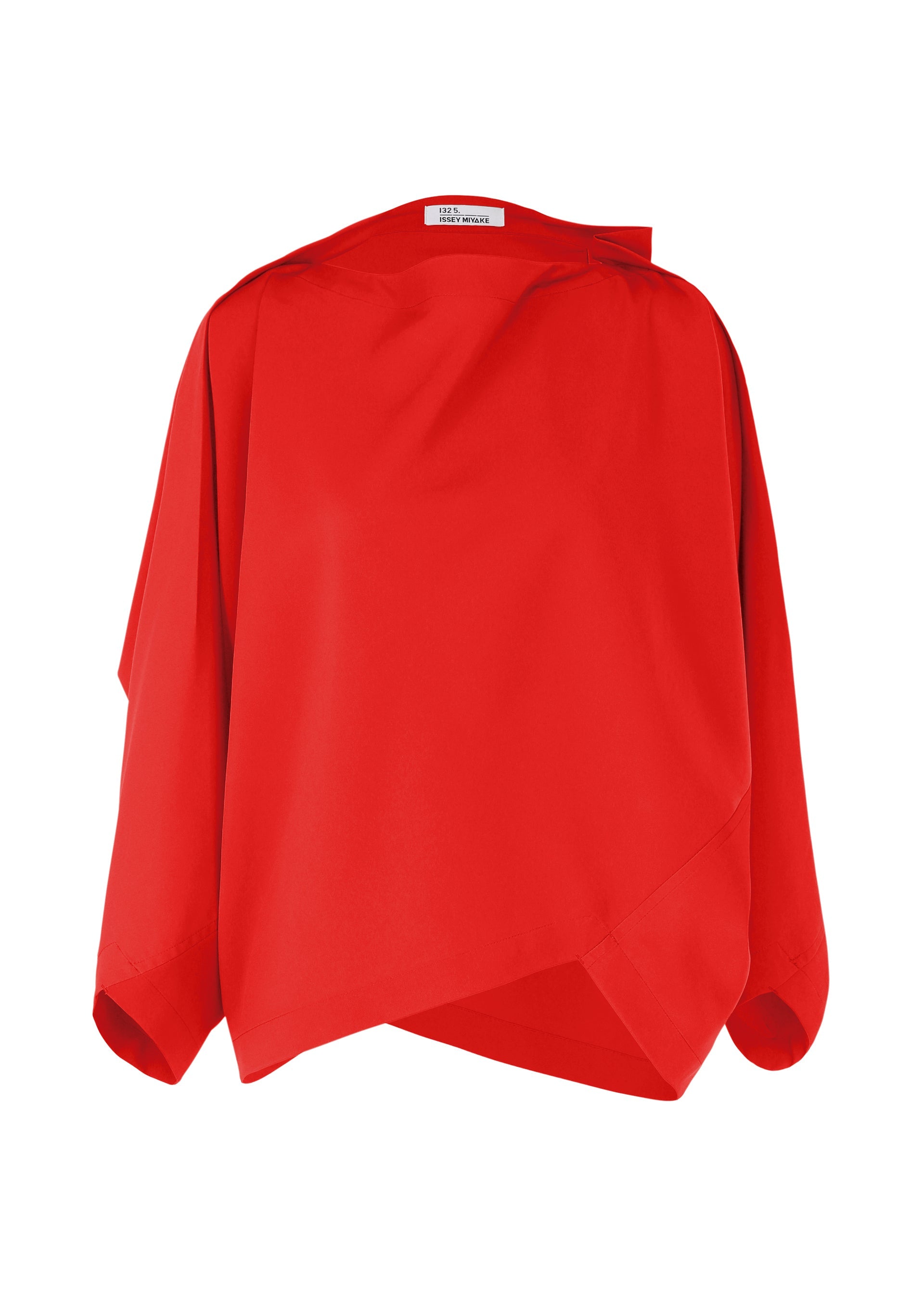 Zoomed view The PARALLEL WRAP by 132 5. ISSEY MIYAKE is a bright red, long-sleeve blouse in lightweight kersey with an asymmetrical hem, loose draped fit, wide neckline, and a clean, modern minimalist design without visible buttons or embellishments. - RED （no.24）