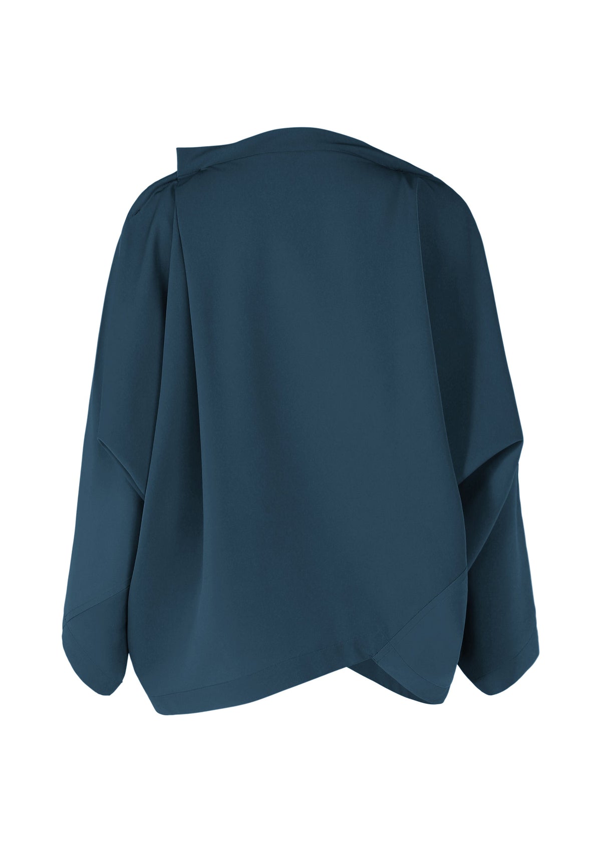 The PARALLEL WRAP by 132 5. ISSEY MIYAKE is a dark teal, loose-fit blouse in lightweight kersey with wide sleeves and an asymmetrical hem, displayed from the back against a white background. view 4 of 9