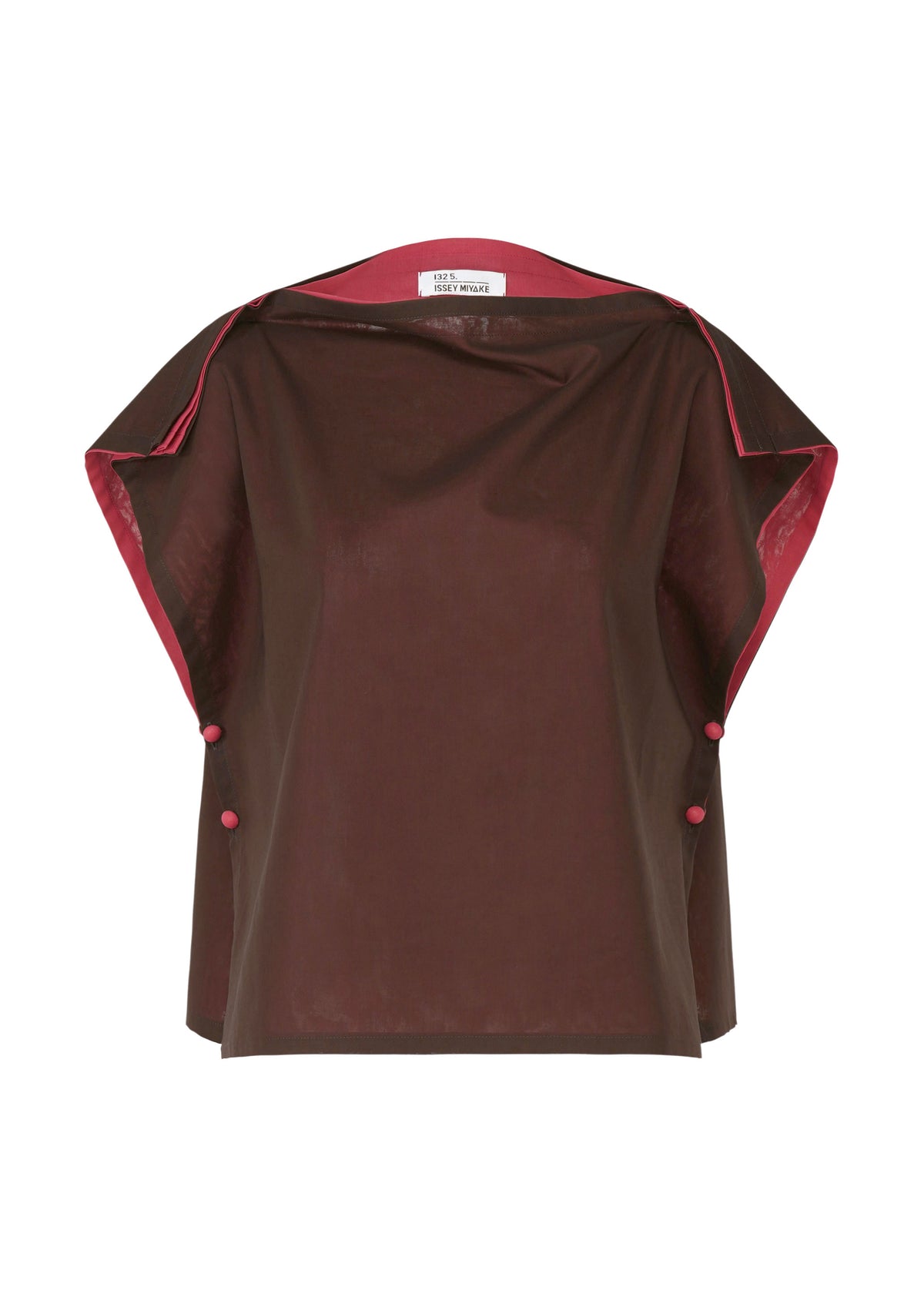 The SHEER FOLIO by 132 5. ISSEY MIYAKE is a brown short-sleeved top with pink edge accents and side buttons, layered fabric for a portfolio-inspired look, shown against a white background. view 1 of 10