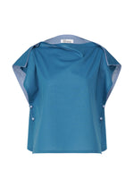 The SHEER FOLIO blouse by 132 5. ISSEY MIYAKE is a blue, short-sleeved top with wide draped shoulders, side button details, and a loose boxy fit, featuring portfolio-inspired layered fabric for subtle dimension. - BLUE×LIGHT BLUE （no.70）