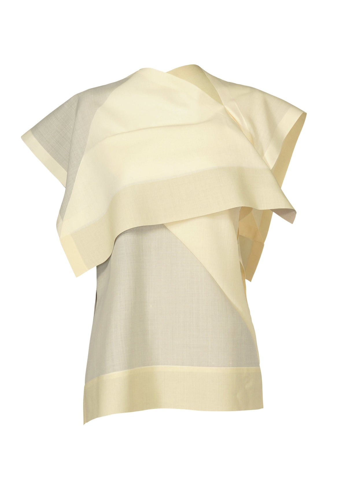 The FOLD RAMIE PRINT by 132 5. ISSEY MIYAKE is a sleeveless, asymmetrical cream blouse with sheer, layered panels and a subtle transfer print, showcasing a modern design. view 1 of 11