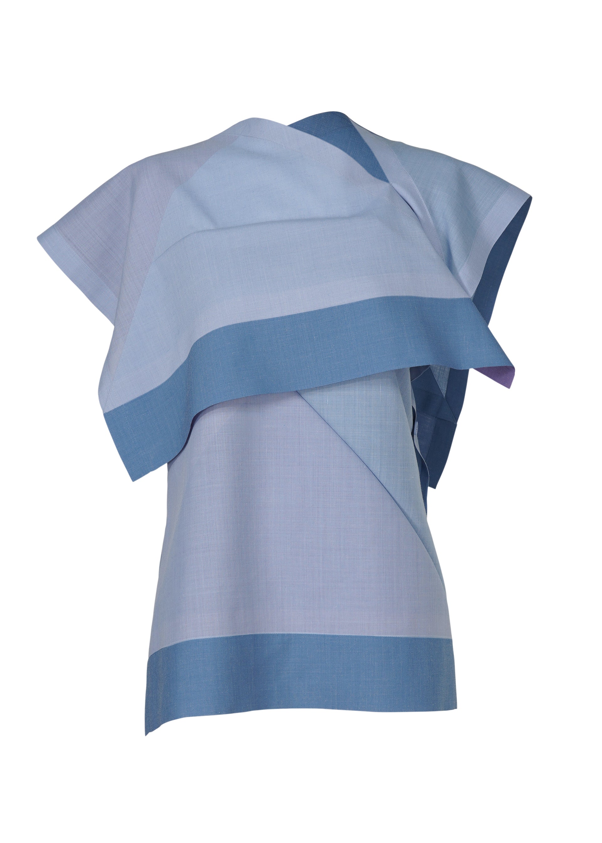 Zoomed view The FOLD RAMIE PRINT blouse by 132 5. ISSEY MIYAKE is a short-sleeved, asymmetrical top in light blue with darker accents, draped layered panels, and a subtle transfer print for a modern sculptural effect. - LIGHT BLUE （no.71）